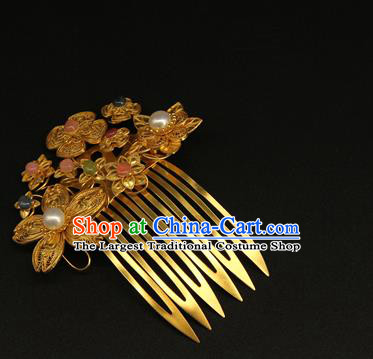 China Ancient Ming Dynasty Golden Hairpin Handmade Hair Accessories Traditional Hanfu Pearl Hair Combs