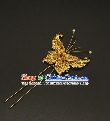 China Ancient Empress Butterfly Hairpin Traditional Ming Dynasty Gems Hair Accessories Handmade Palace Golden Hair Clip