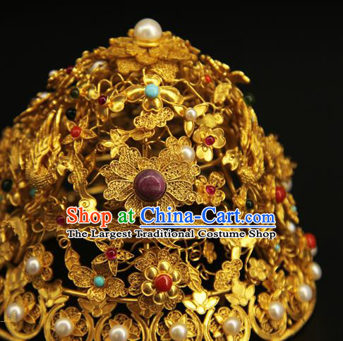 China Ancient Ming Dynasty Phoenix Coronet Handmade Hair Accessories Traditional Court Gems Hair Crown