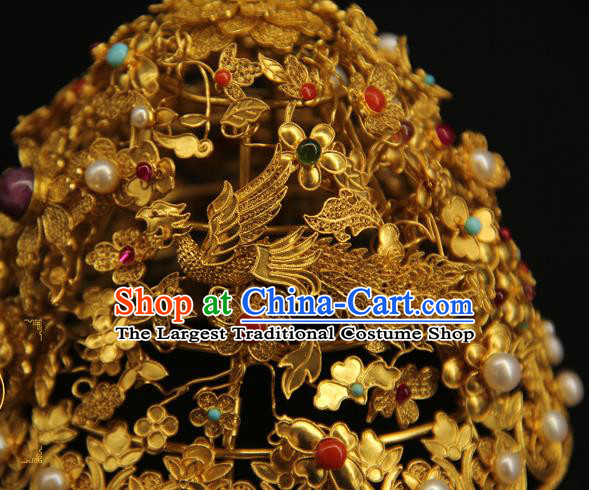 China Ancient Ming Dynasty Phoenix Coronet Handmade Hair Accessories Traditional Court Gems Hair Crown