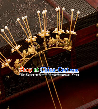 China Handmade Pearls Hair Clip Ancient Imperial Consort Golden Hairpin Traditional Ming Dynasty Hair Accessories