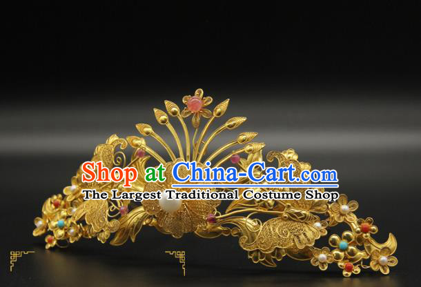 China Ancient Court Hair Accessories Traditional Handmade Hairpin Ming Dynasty Golden Hair Crown