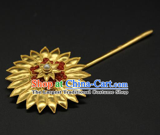 China Tang Dynasty Hair Stick Ancient Court Hair Accessories Traditional Handmade Golden Chrysanthemum Hairpin