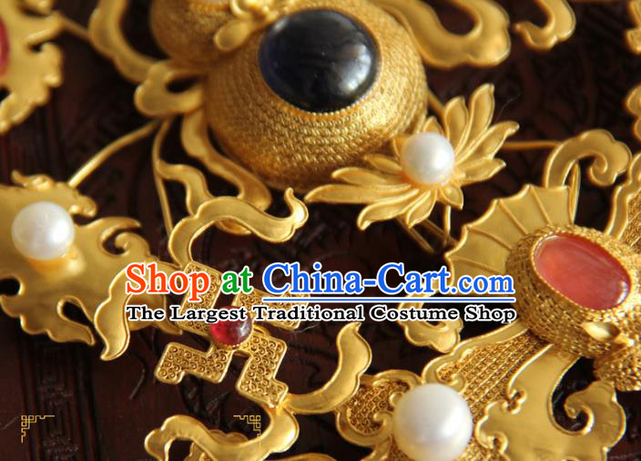 China Ancient Palace Empress Pearls Hairpin Traditional Ming Dynasty Gems Hair Accessories Handmade Golden Gourd Hair Stick