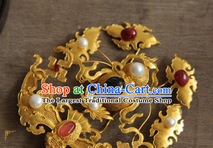 China Ancient Palace Empress Pearls Hairpin Traditional Ming Dynasty Gems Hair Accessories Handmade Golden Gourd Hair Stick