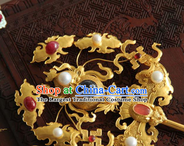 China Ancient Palace Empress Pearls Hairpin Traditional Ming Dynasty Gems Hair Accessories Handmade Golden Gourd Hair Stick