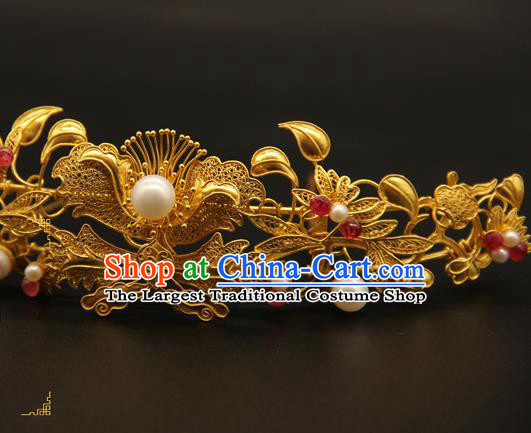 China Ancient Queen Hairpin Traditional Ming Dynasty Hair Accessories Handmade Wedding Golden Hair Crown
