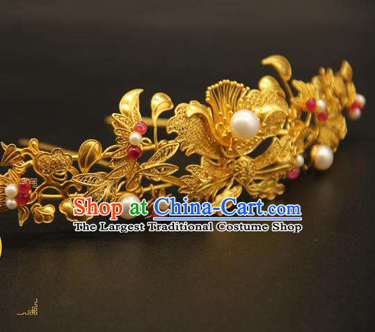 China Ancient Queen Hairpin Traditional Ming Dynasty Hair Accessories Handmade Wedding Golden Hair Crown