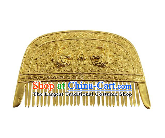 China Traditional Tang Dynasty Carving Dragon Golden Hair Comb Handmade Court Hairpin Ancient Empress Hair Accessories