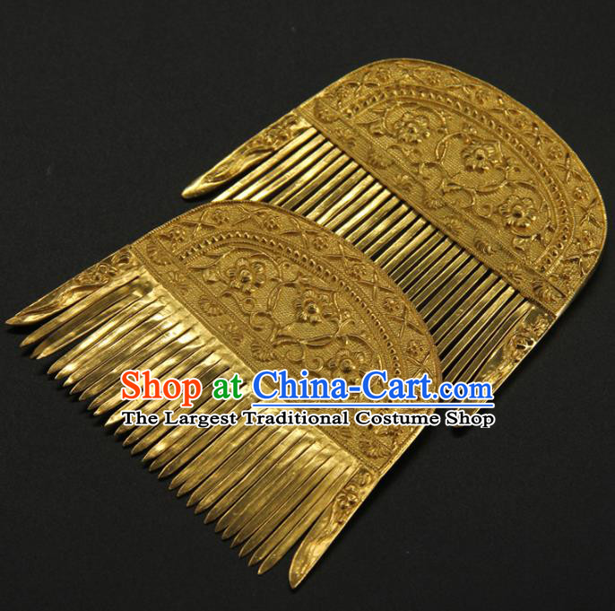 China Handmade Court Golden Hairpin Ancient Empress Hair Accessories Traditional Tang Dynasty Carving Flowers Hair Comb