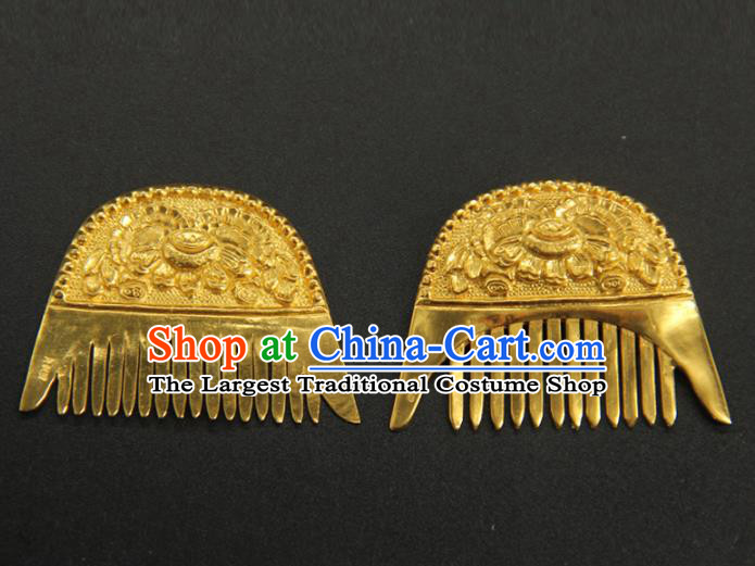 China Ancient Empress Hair Accessories Traditional Tang Dynasty Carving Peony Hair Comb Handmade Court Golden Hairpin