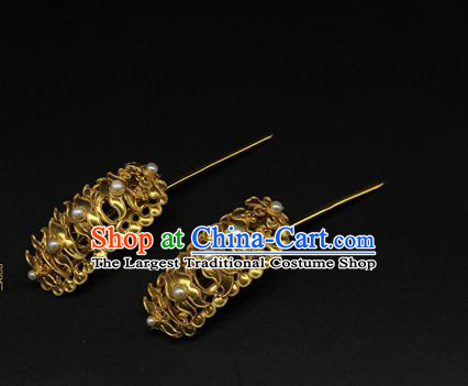 China Traditional Handmade Pearls Hairpin Ancient Court Empress Hair Accessories Ming Dynasty Golden Hair Stick