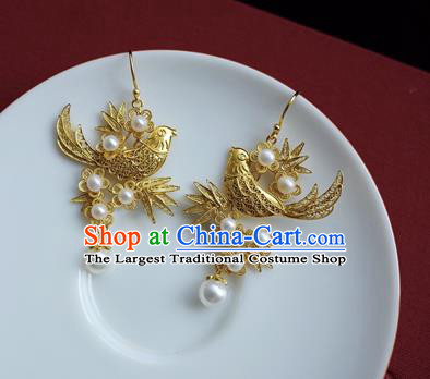 Handmade Chinese Traditional Ancient Wedding Earrings Accessories Ming Dynasty Court Golden Magpie Plum Ear Jewelry