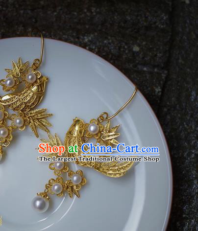 Handmade Chinese Traditional Ancient Wedding Earrings Accessories Ming Dynasty Court Golden Magpie Plum Ear Jewelry