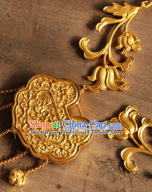 China Handmade Ming Dynasty Golden Necklace Ancient Wedding Longevity Lock