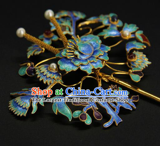 China Ancient Imperial Empress Hairpin Traditional Qing Dynasty Palace Hair Accessories Handmade Enamel Peony Hair Stick
