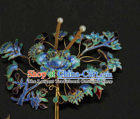 China Ancient Imperial Empress Hairpin Traditional Qing Dynasty Palace Hair Accessories Handmade Enamel Peony Hair Stick