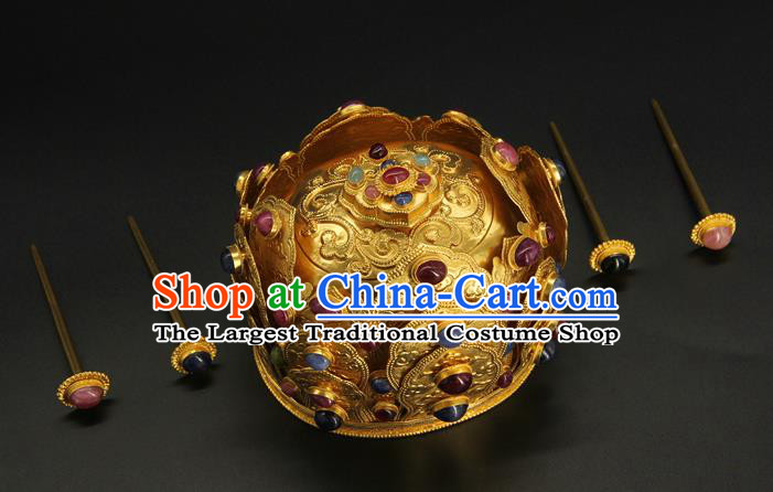 China Traditional Handmade Gems Hair Crown Ancient Taoist Hairpin Ming Dynasty Hair Accessories