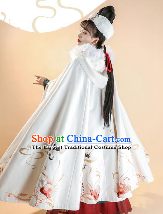 China Ming Dynasty Princess Embroidered White Cloak Ancient Noble Woman Historical Clothing Traditional Hanfu Cape