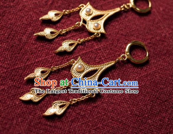 China Ancient Golden Ginkgo Leaf Ear Jewelry Traditional Tang Dynasty Imperial Concubine Pearls Earrings