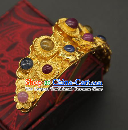 China Ancient Empress Gems Hairpin Traditional Ming Dynasty Palace Hair Accessories Handmade Court Golden Hair Crown