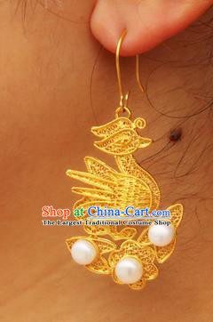 Handmade Chinese Ancient Empress Ear Jewelry Traditional Ming Dynasty Golden Mandarin Duck Earrings Accessories