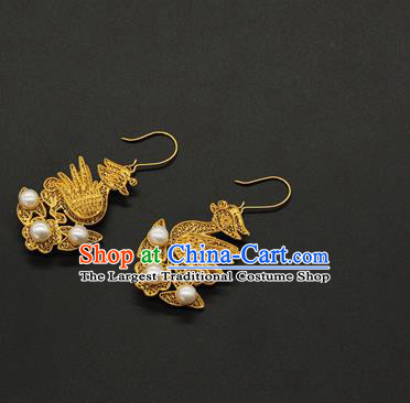 Handmade Chinese Ancient Empress Ear Jewelry Traditional Ming Dynasty Golden Mandarin Duck Earrings Accessories