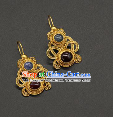 Handmade Chinese Ancient Empress Golden Gourd Ear Jewelry Traditional Ming Dynasty Gems Earrings Accessories