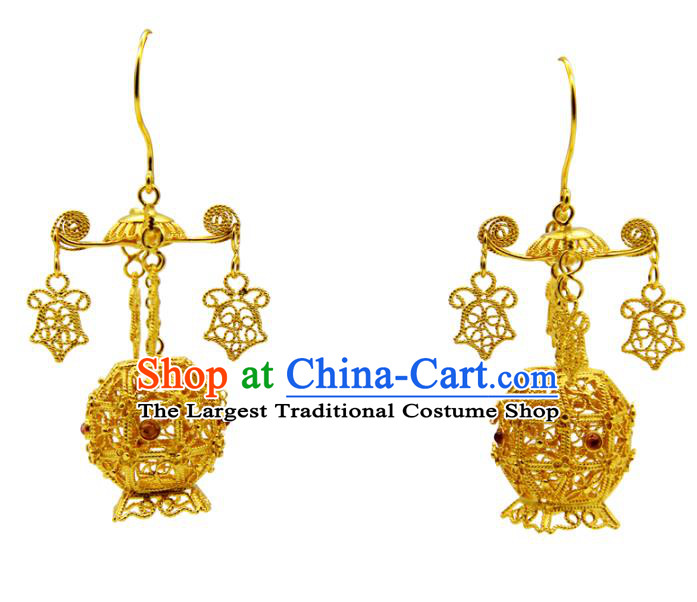 Handmade Chinese Traditional Ming Dynasty Palace Earrings Accessories Ancient Empress Golden Lantern Ear Jewelry