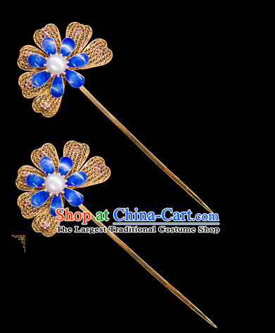 China Traditional Ming Dynasty Palace Hair Accessories Handmade Court Blueing Hair Stick Ancient Empress Pearl Hairpin