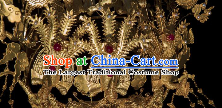 China Handmade Court Phoenix Coronet Traditional Qing Dynasty Palace Hair Accessories Ancient Empress Wedding Golden Hair Crown