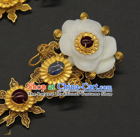 China Traditional Handmade Hair Stick Ming Dynasty Hair Accessories Ancient Court Queen Jade Sunflower Hairpin