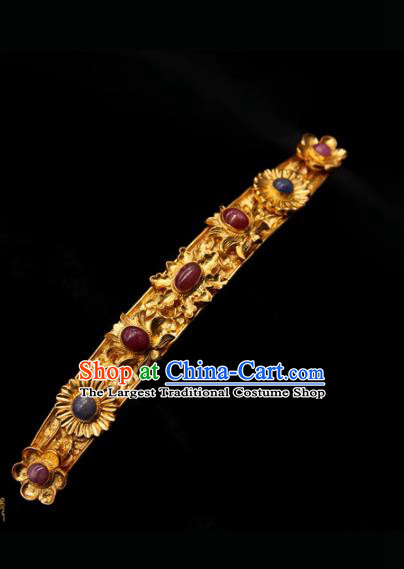 China Traditional Ming Dynasty Golden Hairpin Handmade Hair Accessories Ancient Imperial Consort Ruby Hair Crown