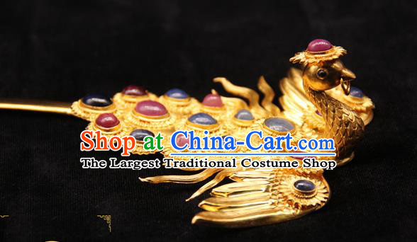China Ancient Imperial Consort Gems Hairpin Handmade Hair Accessories Traditional Ming Dynasty Phoenix Hair Stick
