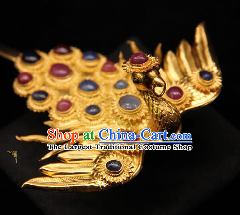 China Ancient Imperial Consort Gems Hairpin Handmade Hair Accessories Traditional Ming Dynasty Phoenix Hair Stick