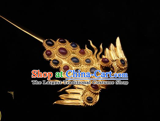 China Ancient Imperial Consort Gems Hairpin Handmade Hair Accessories Traditional Ming Dynasty Phoenix Hair Stick