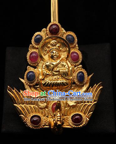 China Ancient Imperial Consort Phoenix Hairpin Handmade Hair Accessories Traditional Ming Dynasty Golden Buddha Hair Stick