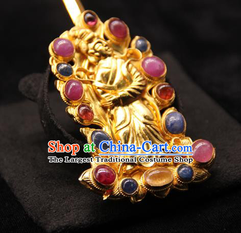 China Handmade Hair Accessories Traditional Ming Dynasty Golden Hair Stick Ancient Imperial Consort Gems Hairpin