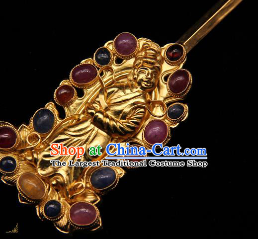 China Handmade Hair Accessories Traditional Ming Dynasty Golden Hair Stick Ancient Imperial Consort Gems Hairpin