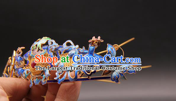 China Ancient Empress Hairpin Traditional Queen Hair Accessories Handmade Qing Dynasty Blueing Butterfly Flowers Hair Crown