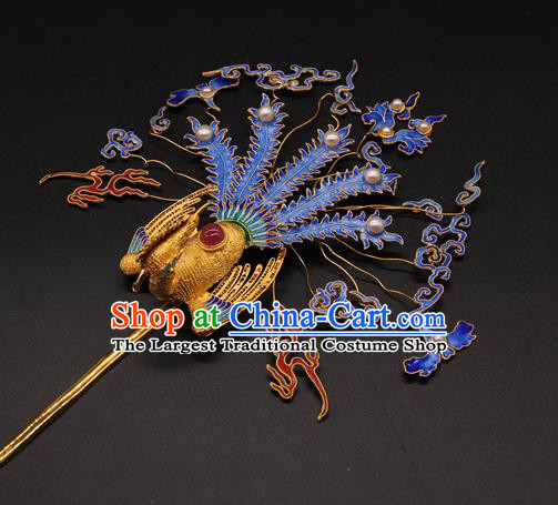 China Ancient Queen Hairpin Traditional Court Hair Accessories Handmade Qing Dynasty Blueing Phoenix Hair Stick