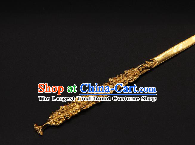 China Handmade Tang Dynasty Carving Hairpin Traditional Palace Hair Accessories Ancient Empress Golden Hair Stick