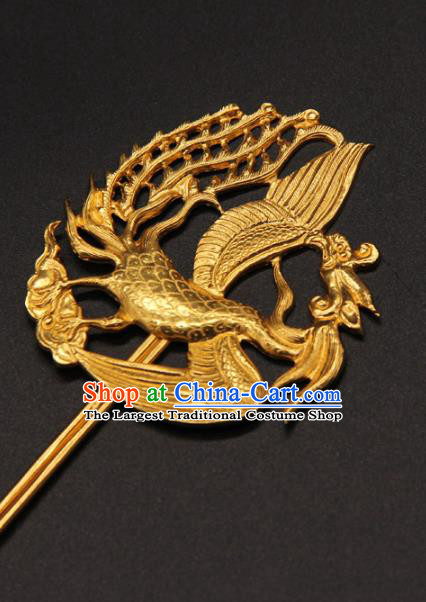 China Traditional Ming Dynasty Empress Golden Phoenix Hairpin Ancient Hanfu Hair Stick Handmade Palace Hair Accessories