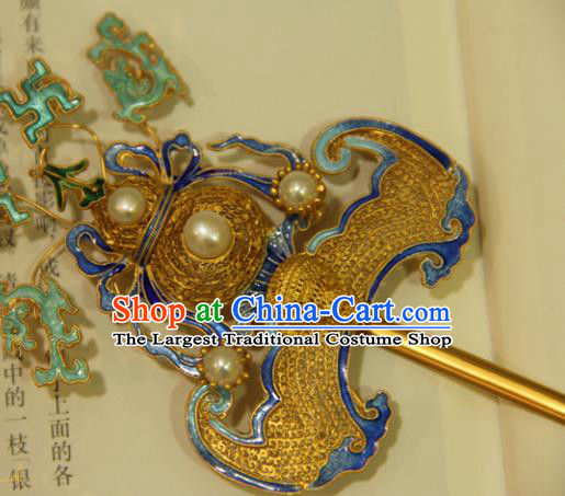 China Handmade Palace Woman Hair Stick Traditional Queen Headpiece Ancient Qing Dynasty Empress Golden Gourd Bat Hairpin
