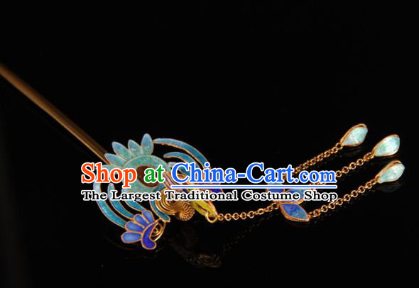 China Ancient Qing Dynasty Empress Tassel Hairpin Handmade Palace Queen Enamel Phoenix Hair Stick Traditional Court Headpiece