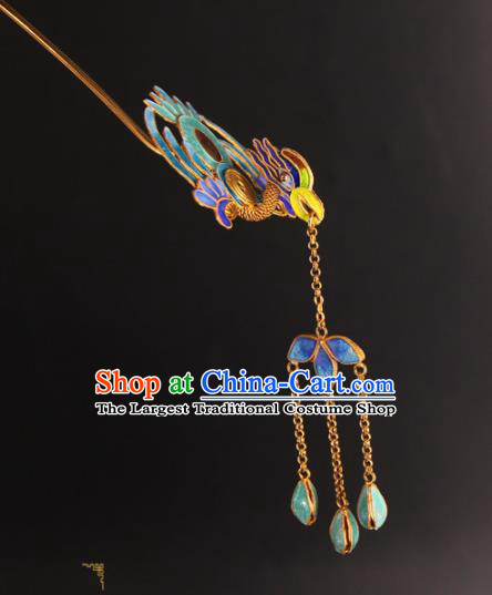 China Ancient Qing Dynasty Empress Tassel Hairpin Handmade Palace Queen Enamel Phoenix Hair Stick Traditional Court Headpiece