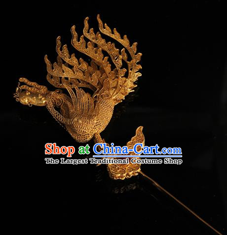China Ancient Traditional Palace Headpiece Ming Dynasty Empress Hairpin Handmade Queen Golden Phoenix Hair Stick
