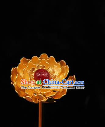 China Ancient Empress Golden Peony Hair Stick Handmade Hairpin Traditional Ming Dynasty Hair Accessories