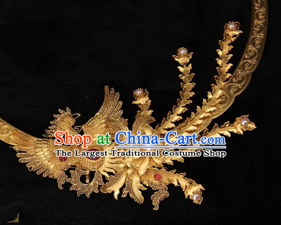 Handmade Chinese Traditional Ancient Ming Dynasty Imperial Consort Phoenix Necklace Accessories Golden Necklet Jewelry