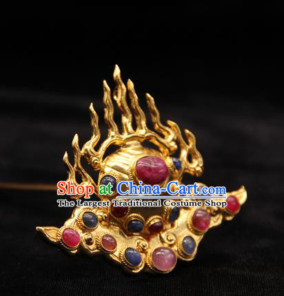 China Ancient Empress Golden Flame Hairpin Handmade Hair Accessories Traditional Ming Dynasty Gems Hair Crown